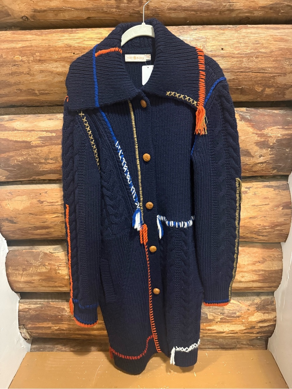 Gorgeous Tory Burch Wool&Alpaca Navy Cable-Knit Coatigan with Orange & Blue Trim